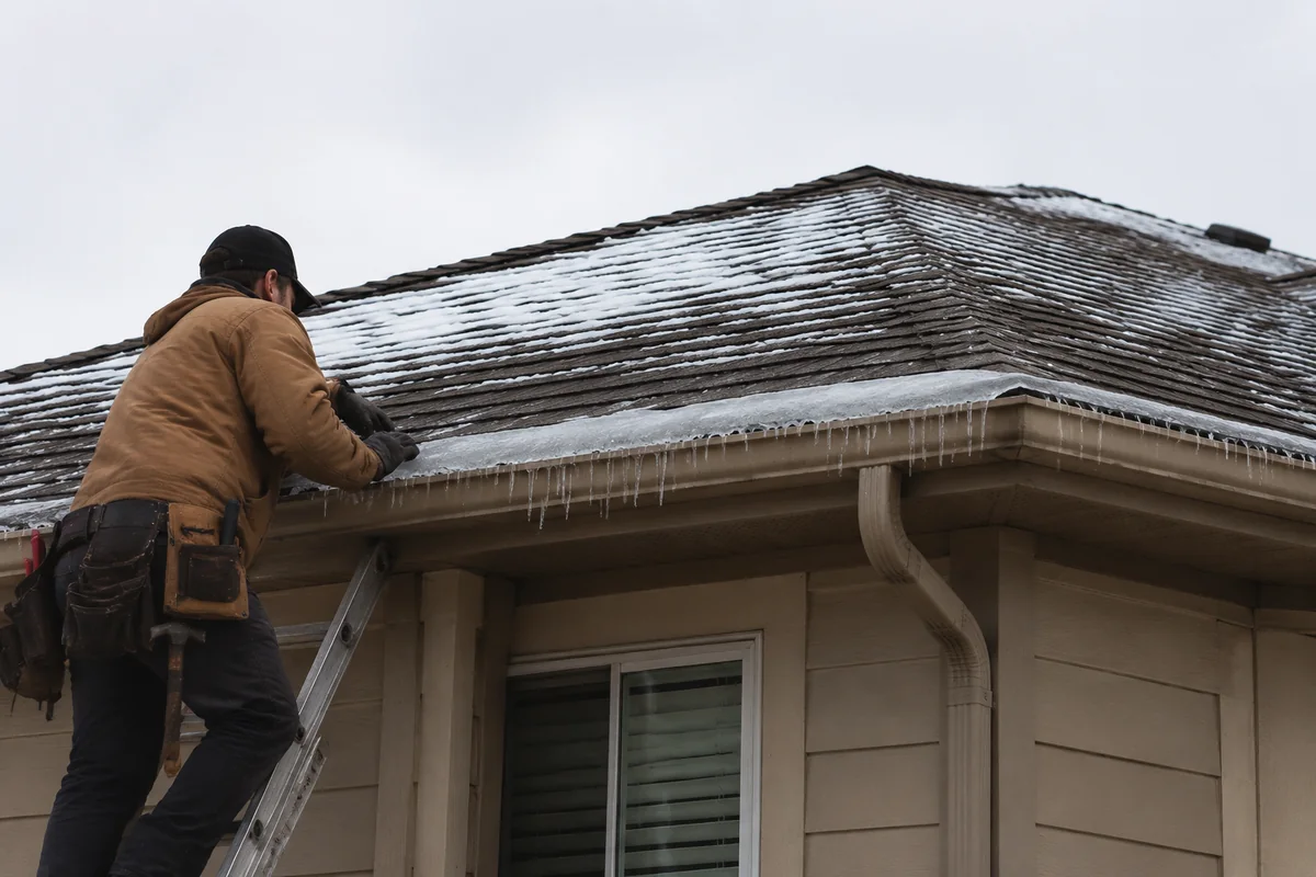 Ice Dam Damage Repair for Shingle Roofs underway on a property in Boise, ID